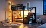 Loft Bed 140x200 with LED Light Strip & Storage, Black