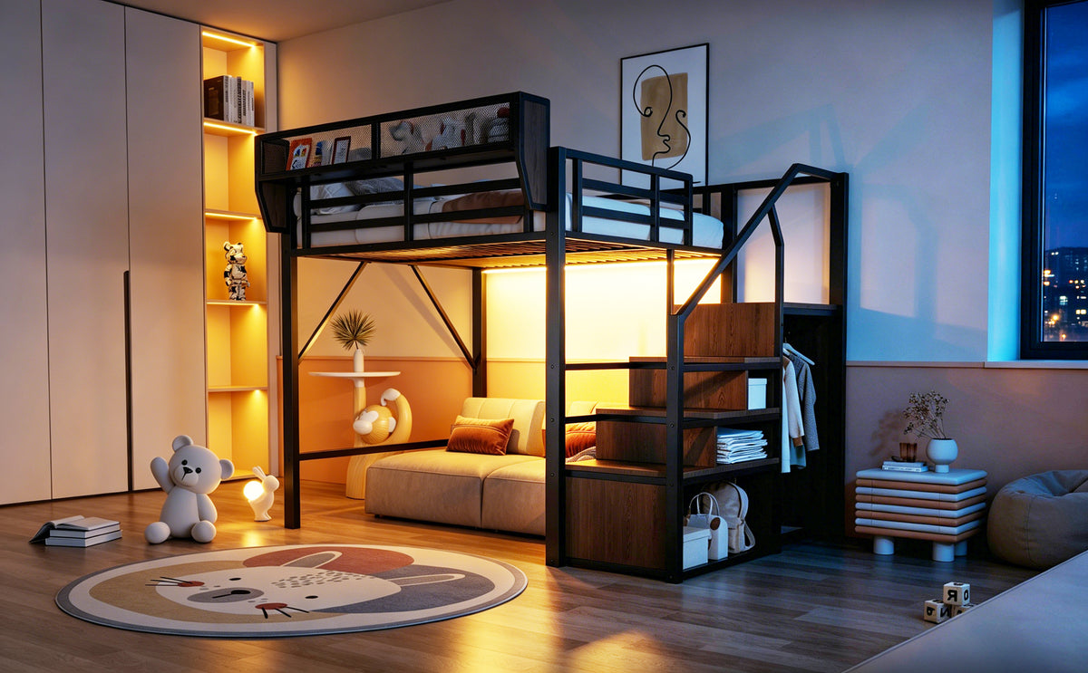 Loft Bed 140x200 with LED Light Strip & Storage, Black