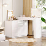 L-Shaped Rotating Vanity Table with LED Lighting, High-Gloss White