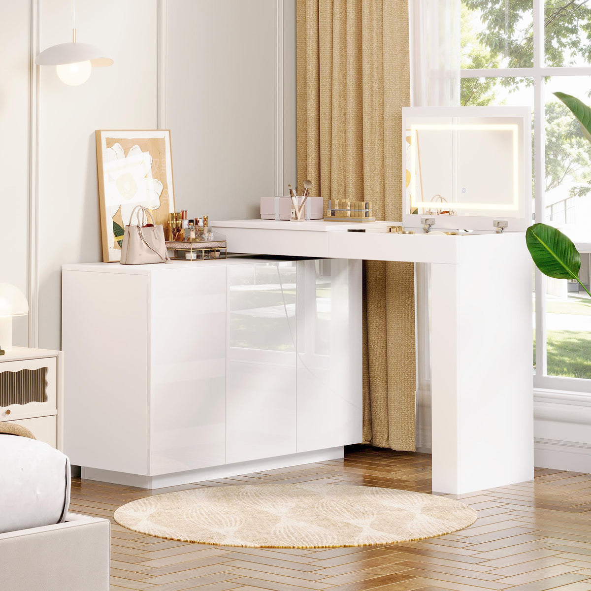 L-Shaped Rotating Vanity Table with LED Lighting, High-Gloss White