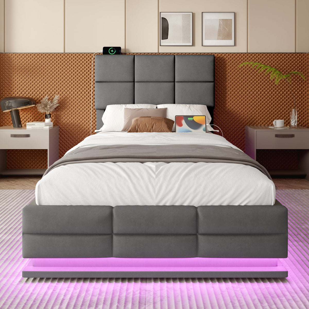 Modern Upholstered Bed 90x200cm, Adjustable Headboard, USB/LED, Hydraulic Storage - Gray Velour