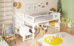 Low Loft Bed for Children with Storage Ladder and Metal Frame, 90x200cm, White