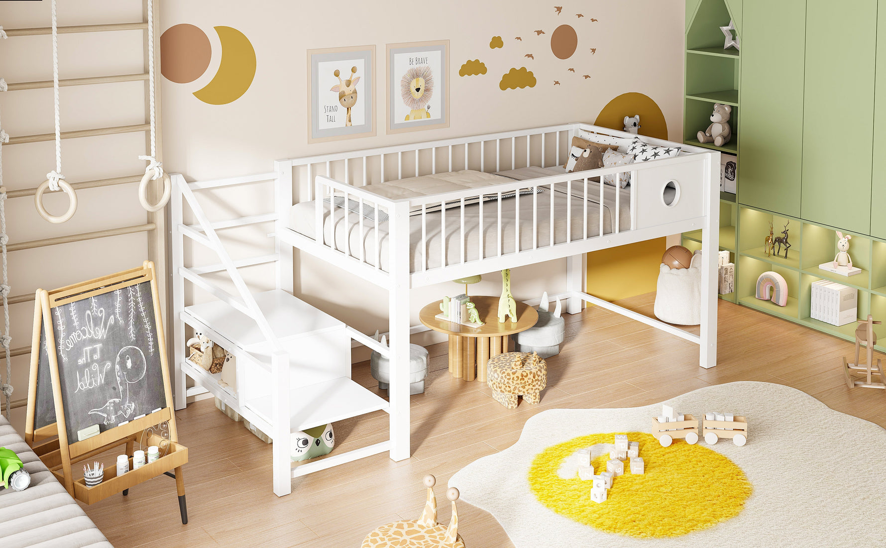 Low Loft Bed for Children with Storage Ladder and Metal Frame, 90x200cm, White