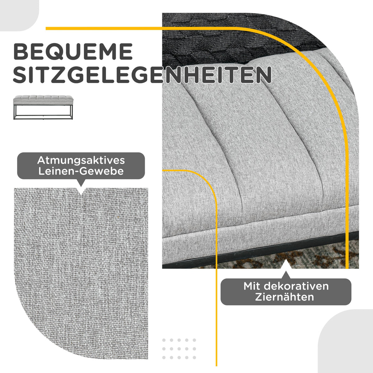 Linen look upholstered bench for bedroom, bed bench, dressing table, 200 kg, light grey steel