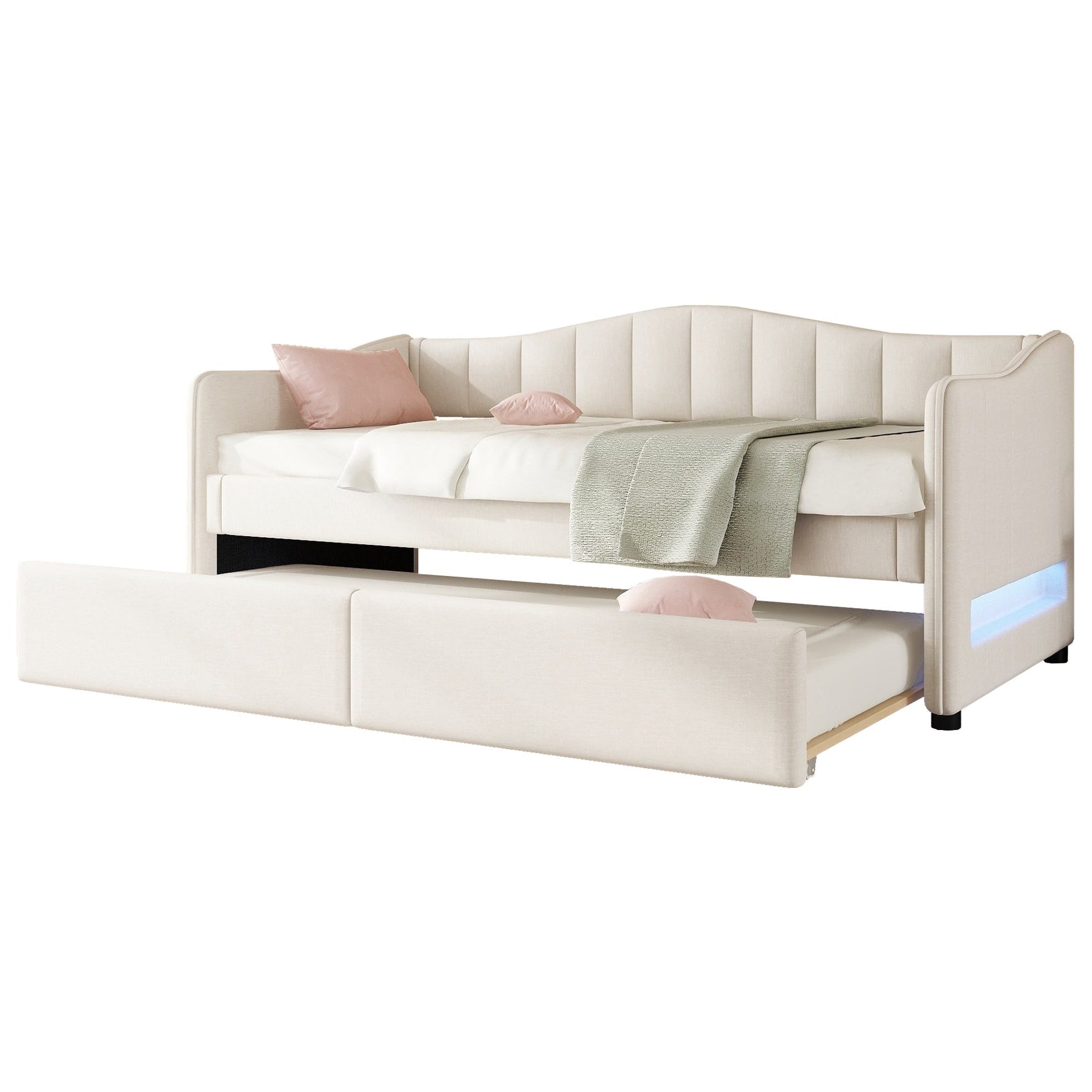 Daybed with Pull-Out Trundle Bed and LED Lighting, 90x200cm, Beige Linen