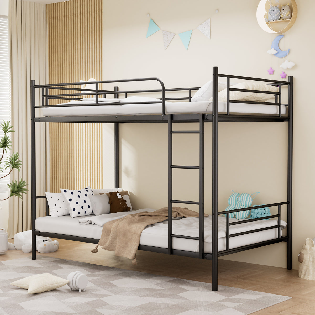 Bunk Bed 90x190cm Loft Bed with Ladder & Railing - Black Iron