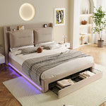 LED upholstered bed, 140 × 190 cm, hydraulic bed, 2-in-1 storage drawers at the foot of the bed, built-in LED light strips on both sides of the bed, slatted base, mattress not included, velvet, grey.
