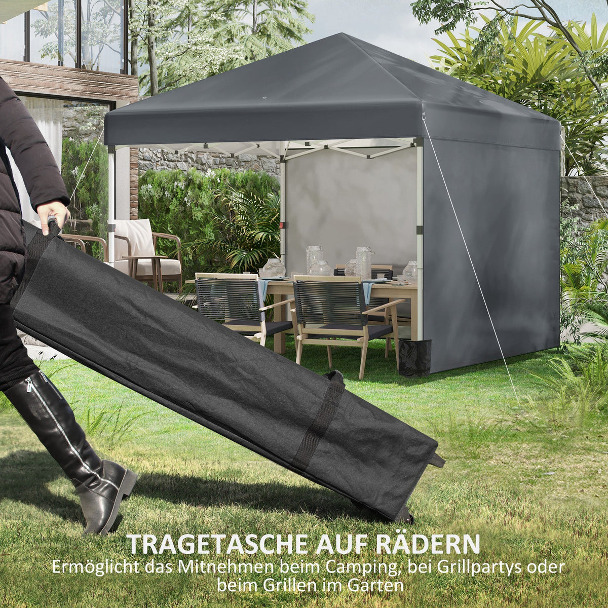 Folding Pavilion 2.97x2.97m with Sidewalls, UV Protection, Sandbag - Dark Grey Steel