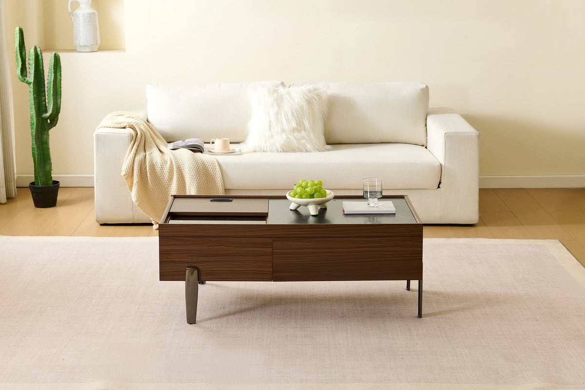 Modern Coffee Table with Drawers, Glass Top & Storage, Dark Brown Wood & Marble-Effect