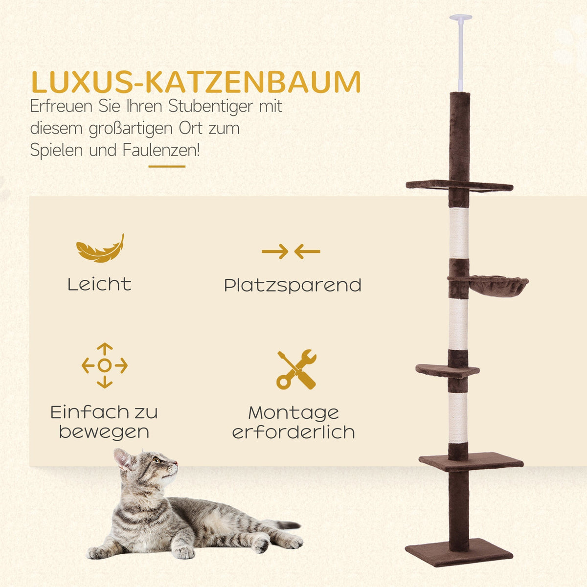 PawHut Cat Tree, Ceiling Height Adjustable, Sturdy with Sisal Posts, Brown
