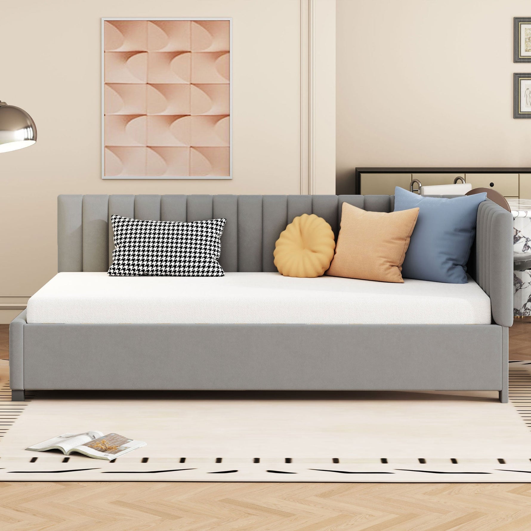 Upholstered Bed Sofa, 90x200 Multifunctional with Slatted Frame, Skin-Friendly Velvet Fabric Gray
