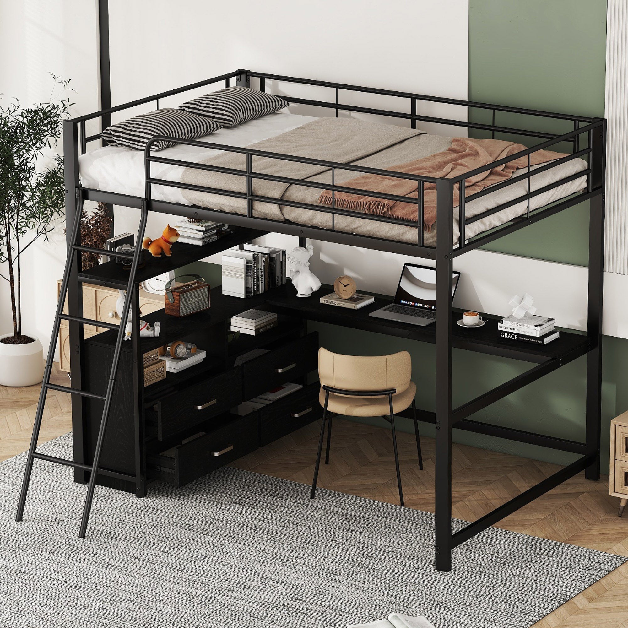 Loft Bed 140x200cm Iron Frame Drawers L-Shaped Desk - Black