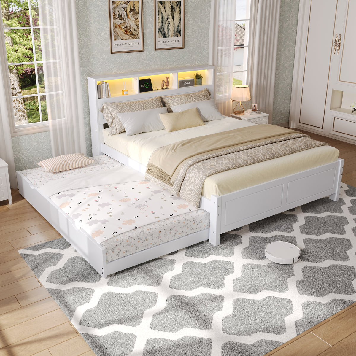 Double Bed with Trundle, Storage & LED Light, White Pine Frame