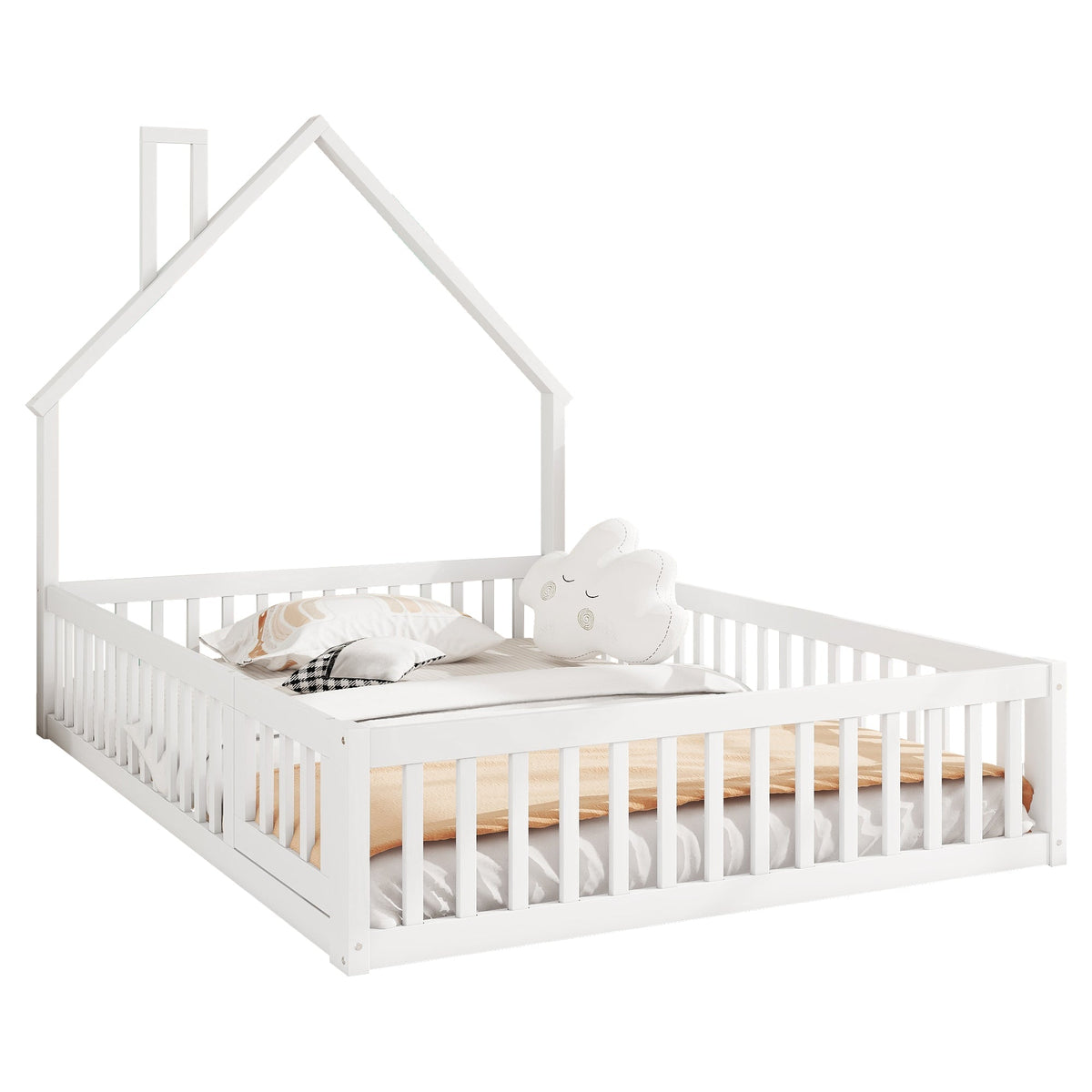 Children's House Bed 140x200cm Chimney Shape Slatted Base Pine Wood White