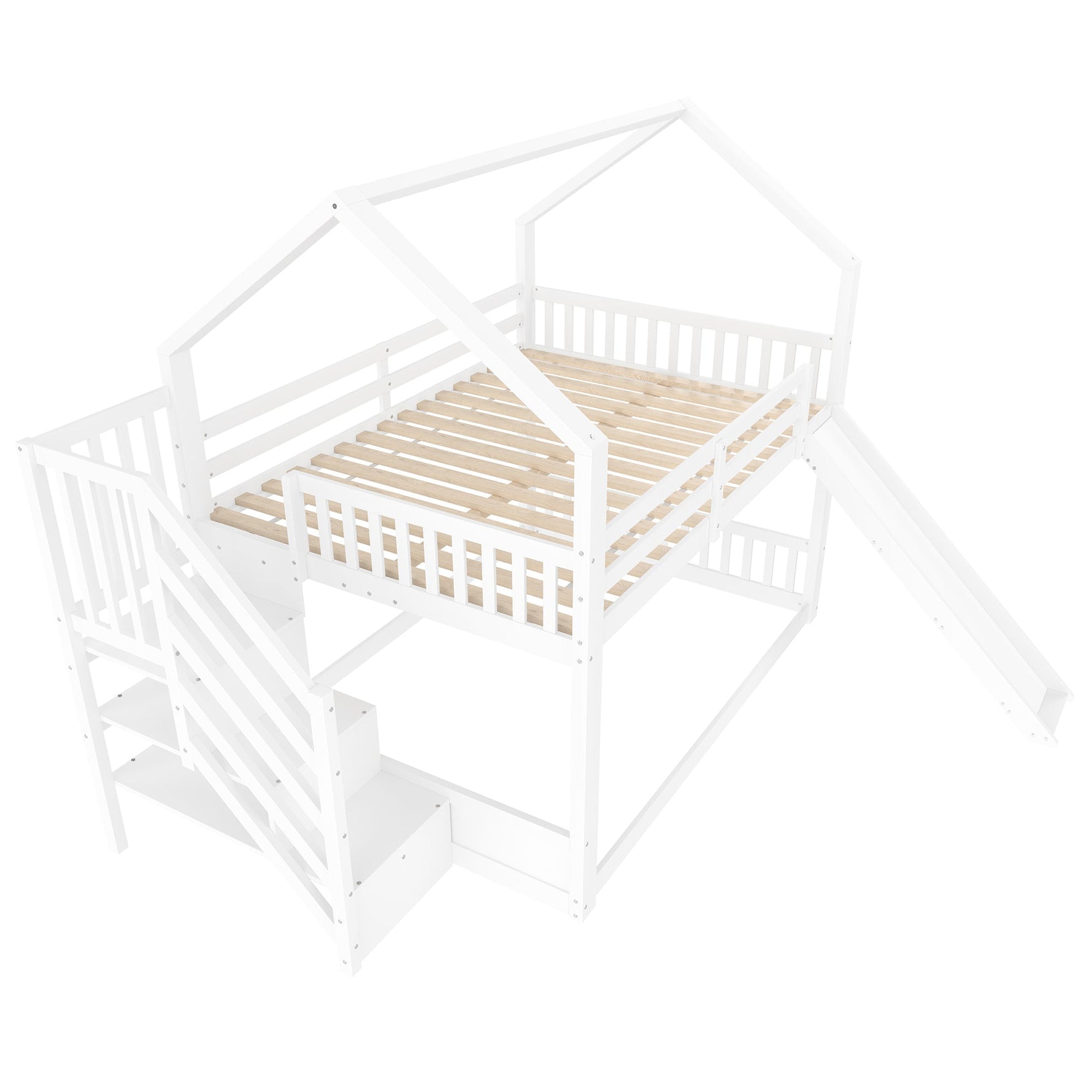 Bunk Bed with Storage Stairs and Slide, 140x200cm, White