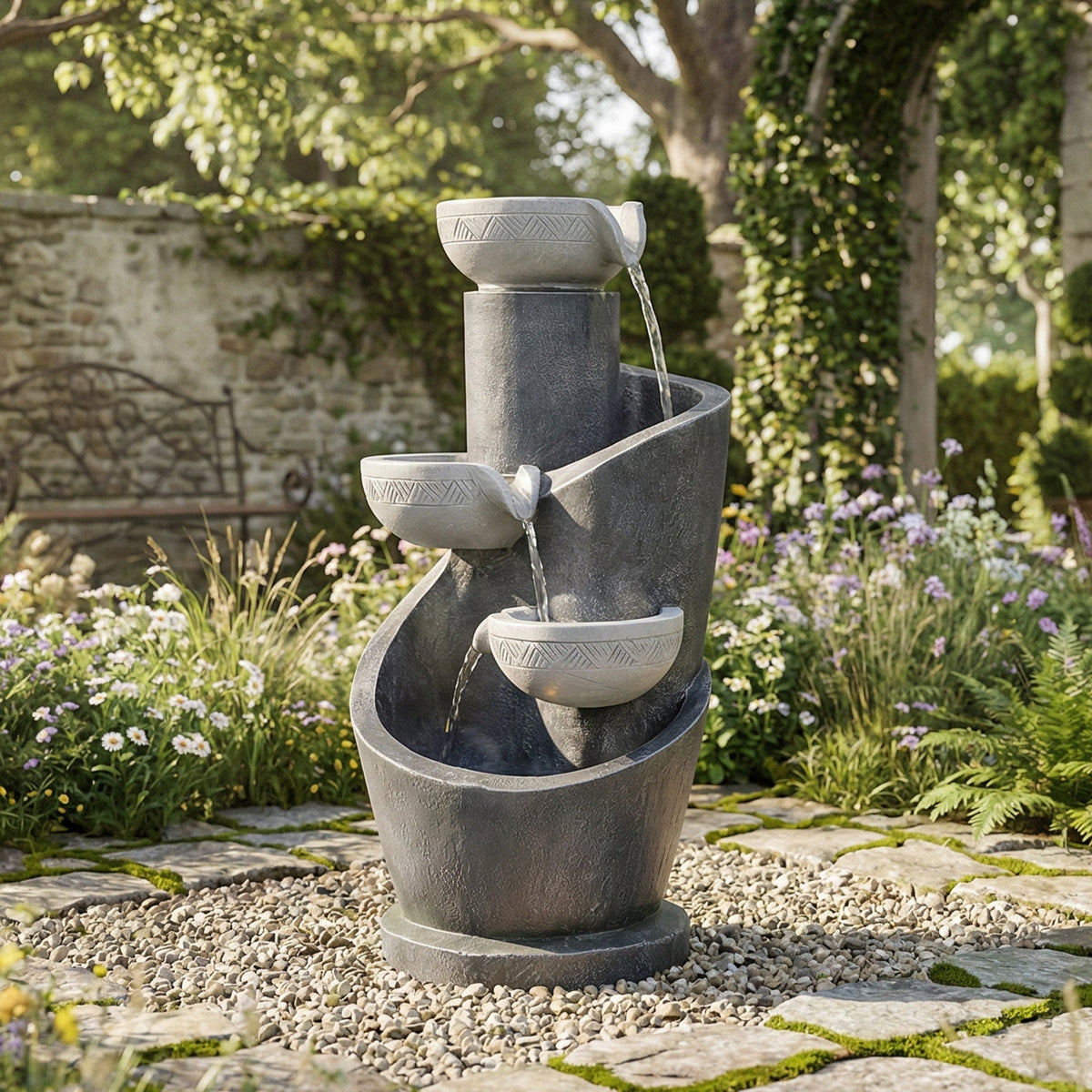 Garden Fountain with LED Lighting and Water Pump, Grey Artificial Stone