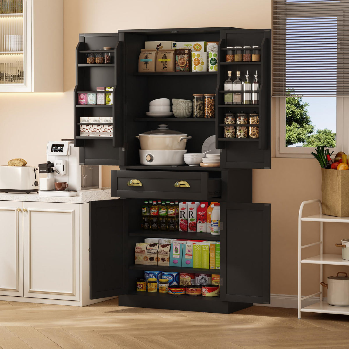 Storage Cabinet 182cm 4 Doors 1 Drawer Adjustable Shelves - Black