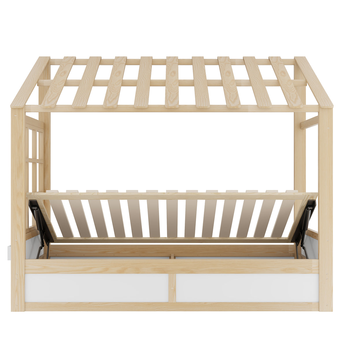 Kids Country Bed 90x200cm with Storage & Roof, Wood & White
