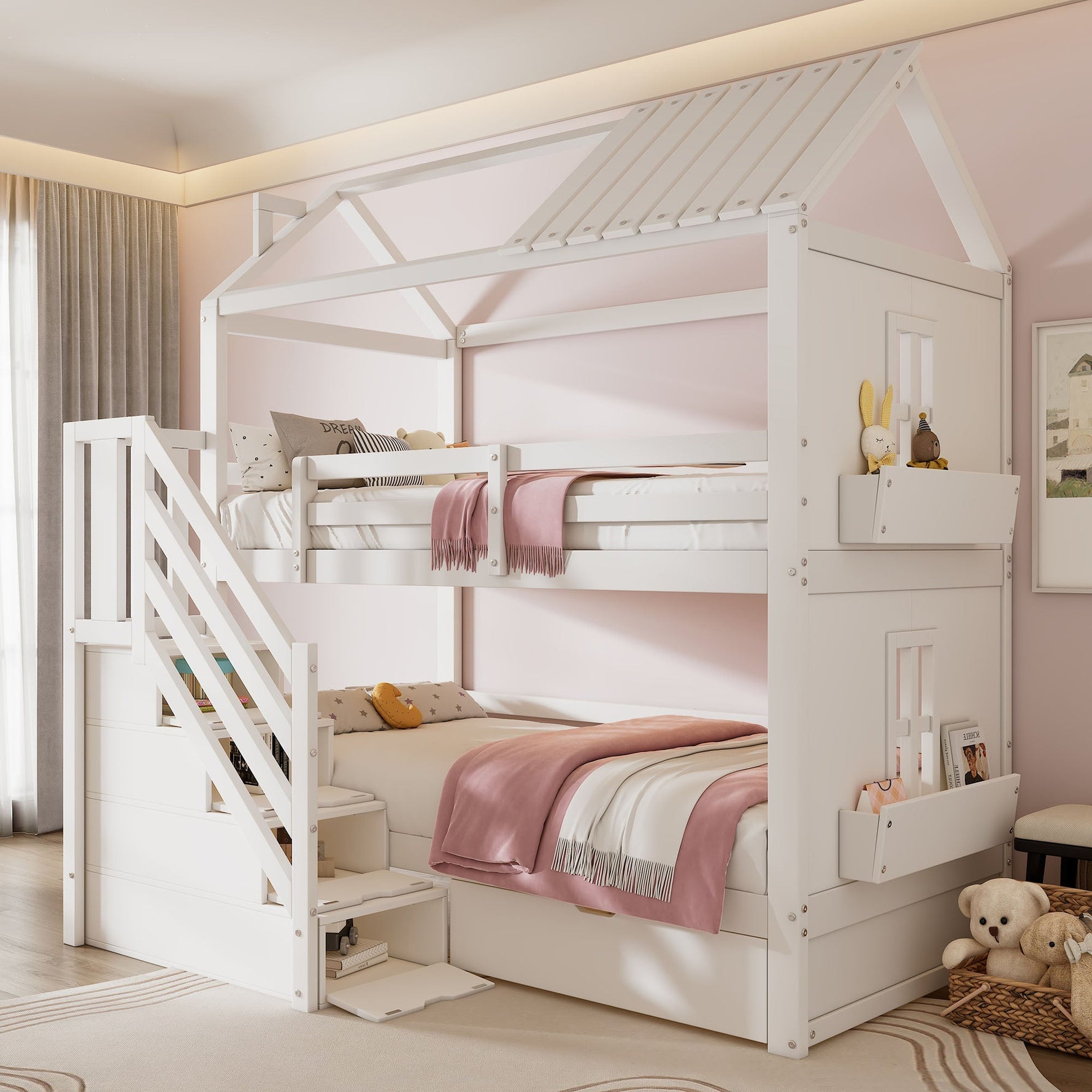 Children's Bunk Bed 90x200cm Multifunctional with Storage Stairs Drawers & Shelves Pine MDF White