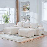 3-Seater Modular Corduroy Sofa with 2 Ottomans, Cup Holders and Storage Pocket, Beige