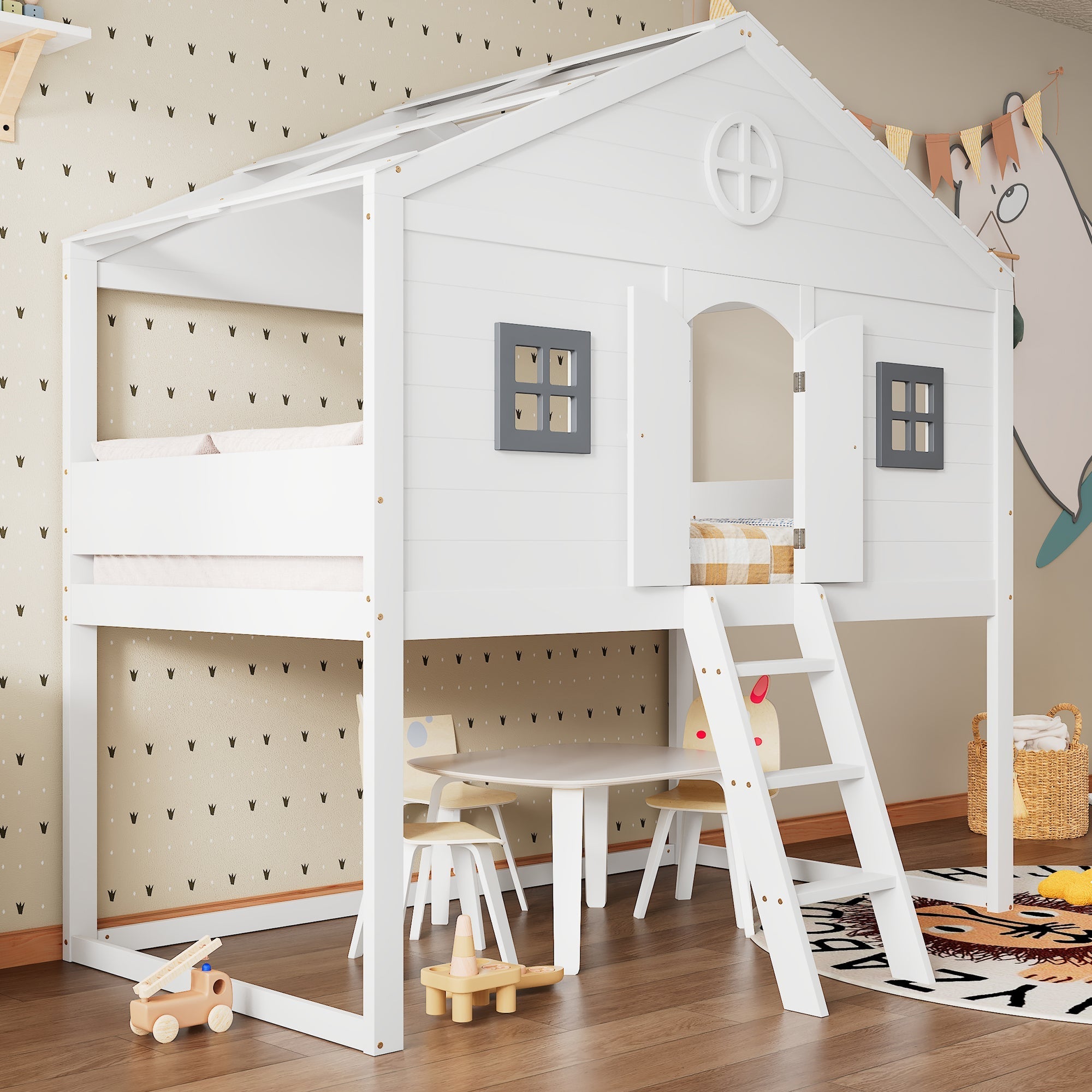 House Bed, Stairs, Safety Rail & Gate, Pine & MDF, White & Grey