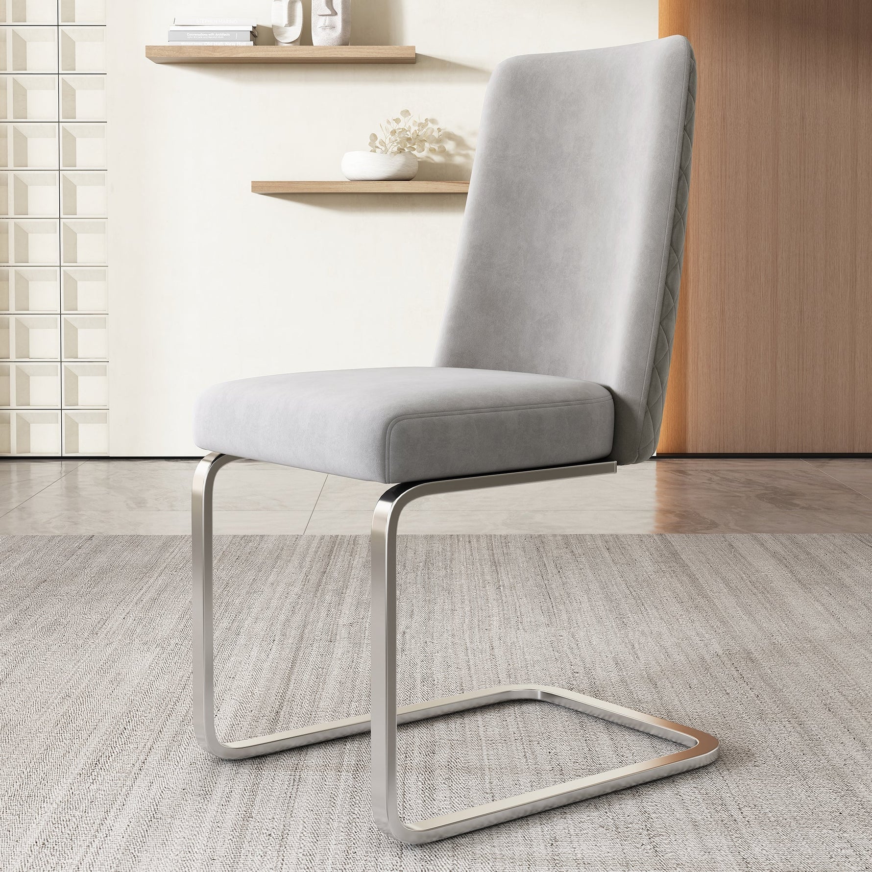 Velvet Dining Chair Set of 2 Diamond Back Silver Legs - Grey
