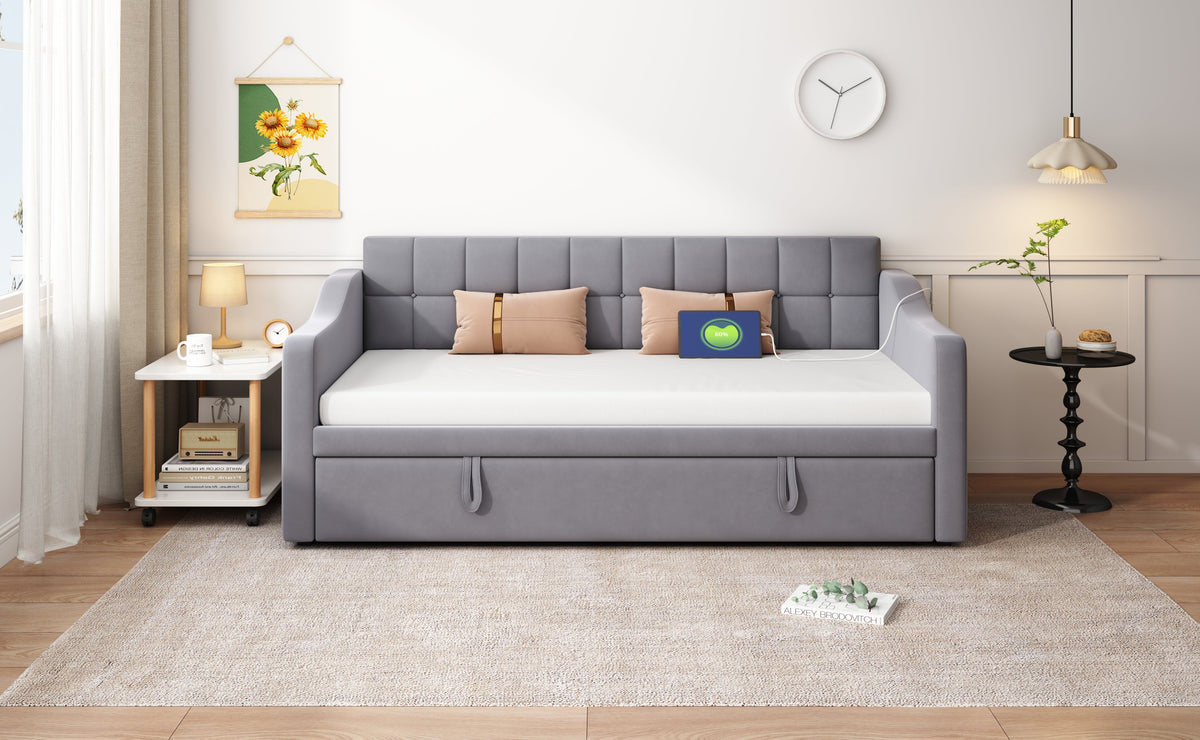 Upholstered Bed Sofa, 2-in-1 Multifunctional with Socket & Storage, Gray Velvet
