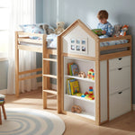 Loft Bed with Storage Compartments, Drawers, Steps and Safety Railing, 90x200cm, White and Natural Pine + MDF + Plywood