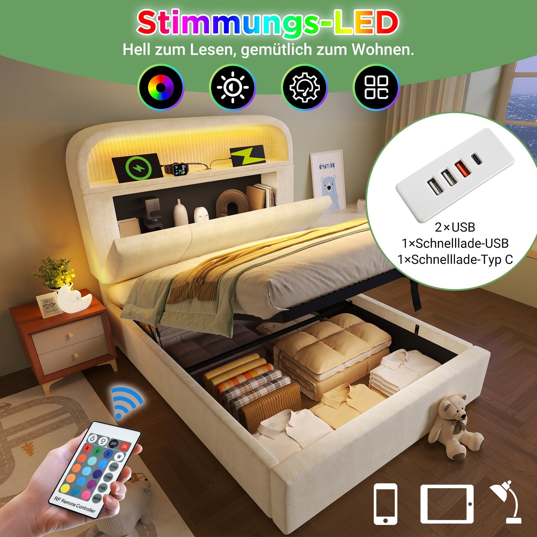 Upholstered Single Bed 90x200cm Hydraulic Storage LED USB/Type-C Adjustable Headboard - Velvet Beige (With Mattress)