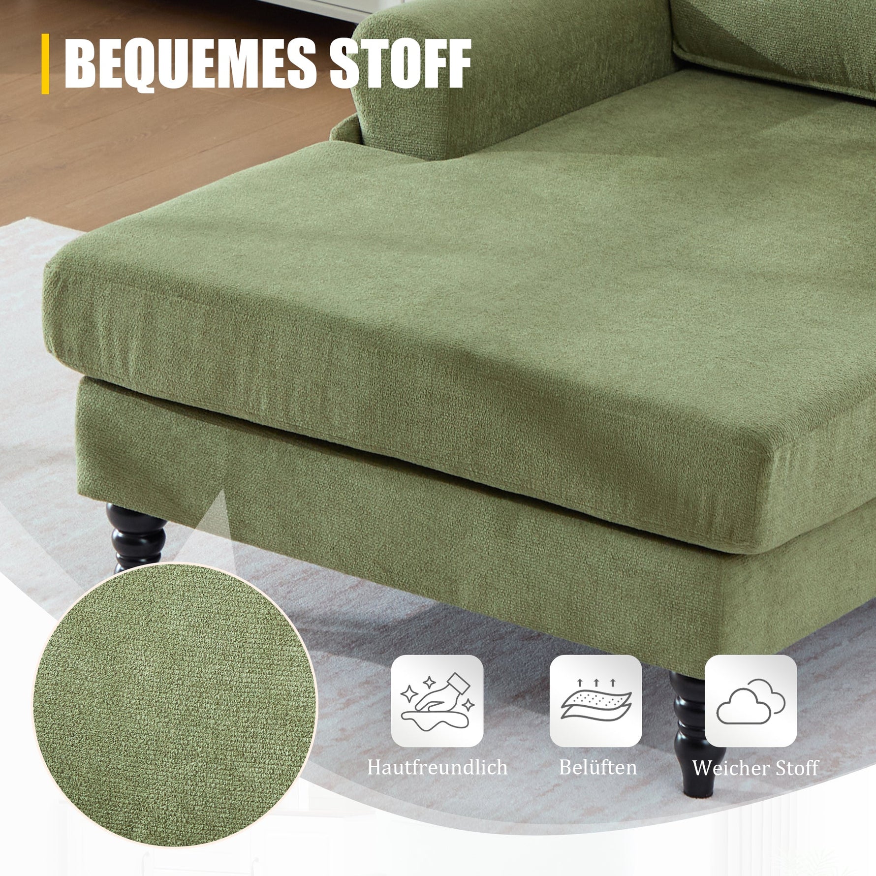 Modern Minimalist Lounger Sofa with Storage Pockets and Wooden Legs, Chenille