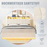 Multifunctional Bed with LED Lighting, Storage Headboard and USB Charging Station, 140x200cm, Beige