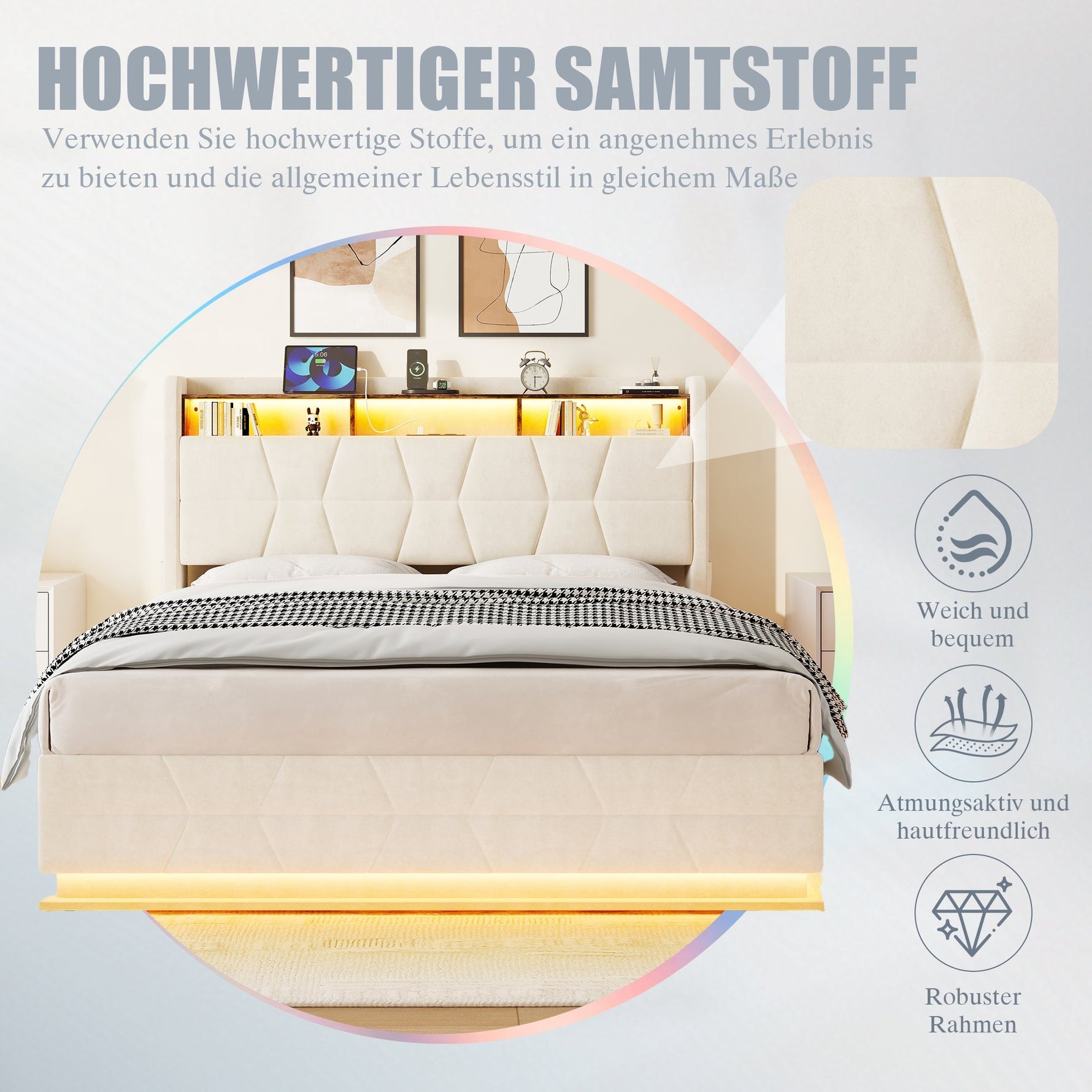 Multifunctional Bed with LED Lighting, Storage Headboard and USB Charging Station, 140x200cm, Beige