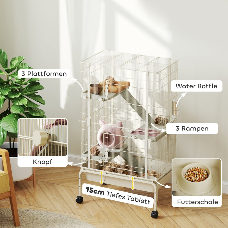 Small Animal Cage, 4 Levels with Food Bowl and Water Bottle, Beige