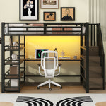 Metal Loft Bed with Stairs, Desk, Storage, USB and LED, 140x200, Black
