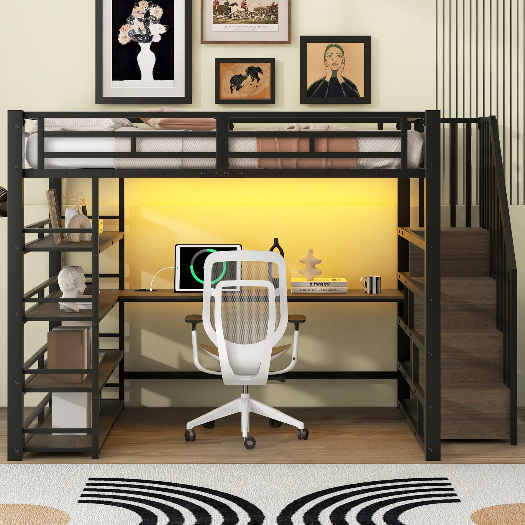 Metal Loft Bed with Stairs, Desk, Storage, USB and LED, 140x200, Black