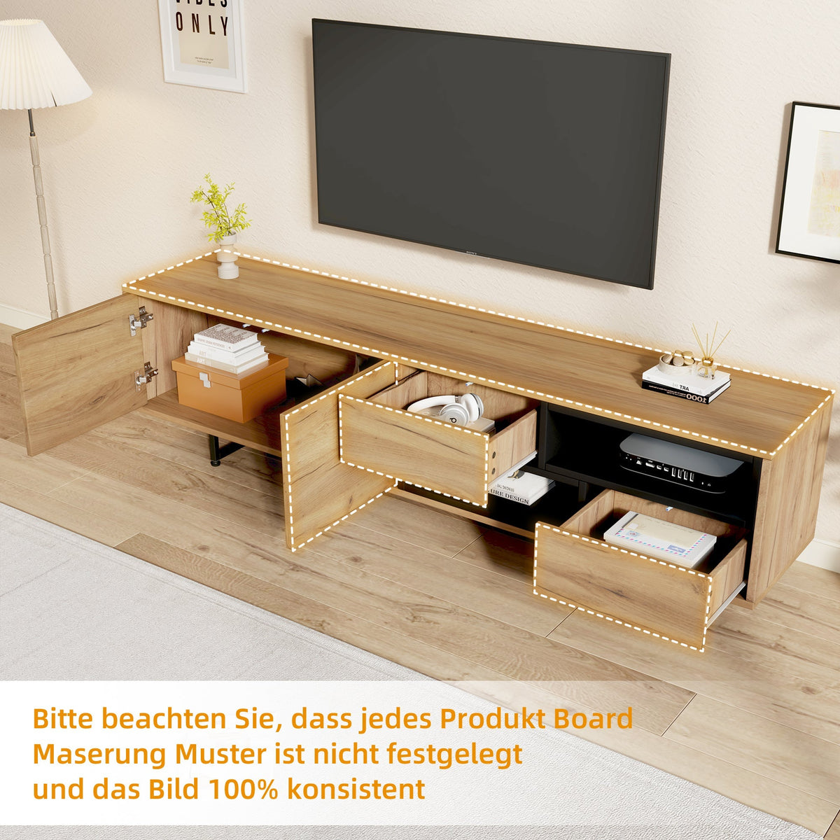 TV Cabinet 70-Inch Storage Ladder Compartments, Wood-Colored Chipboard
