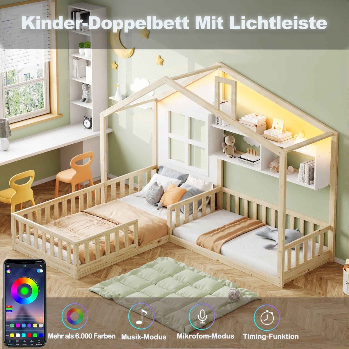 Children's Bed with Window, Shelves and LED Light Strip, Wood Color