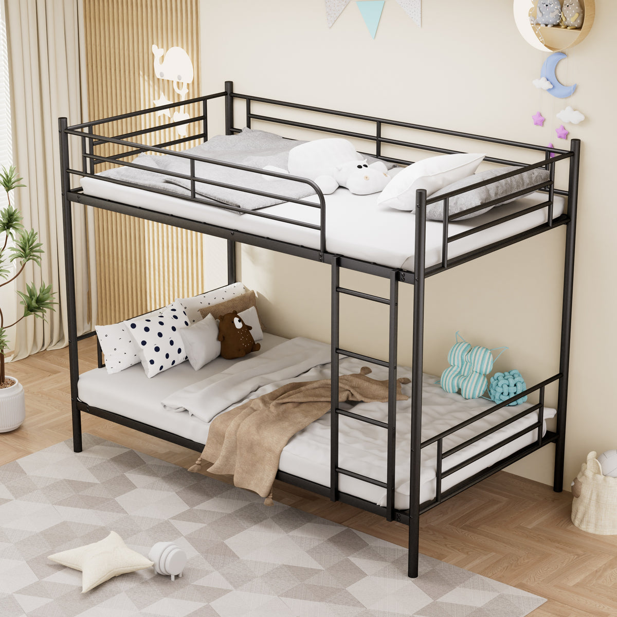 Bunk Bed 90x190cm Loft Bed with Ladder & Railing - Black Iron