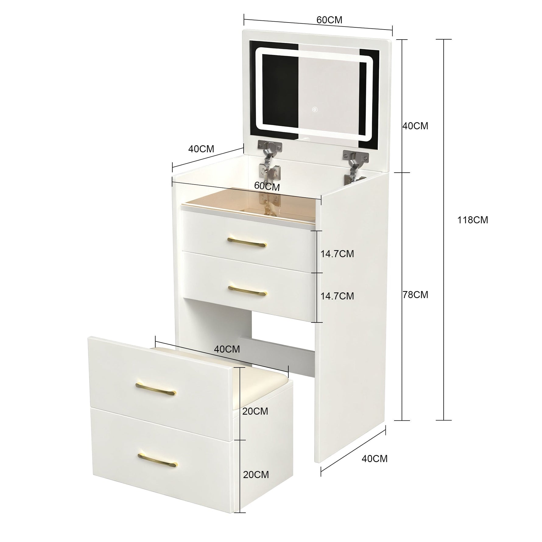 3-in-1 Dressing Table Set, Open Mirror 3 Drawers Compact W60cm, Clear Glass Top