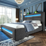Upholstered Double Bed, 160x200 cm LED Storage with USB-C, Metal Frame, Gray Linen