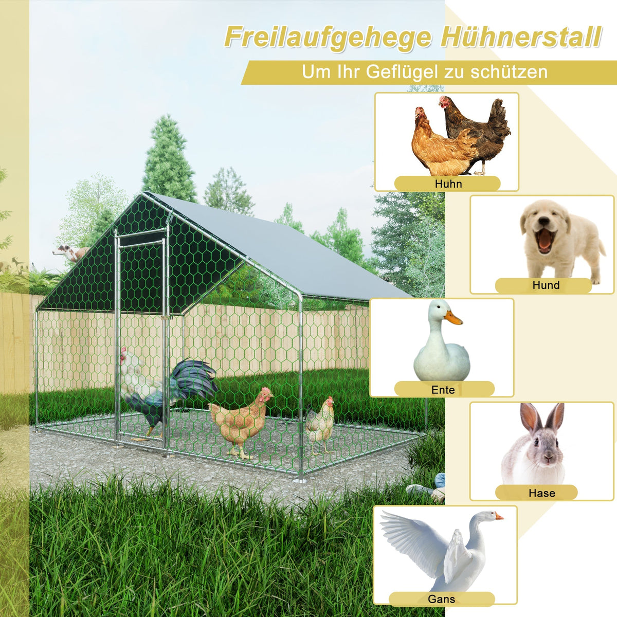 Free-Range Chicken Coop 3x2x2m, Safety Lock, Waterproof PE Cloth, Metal