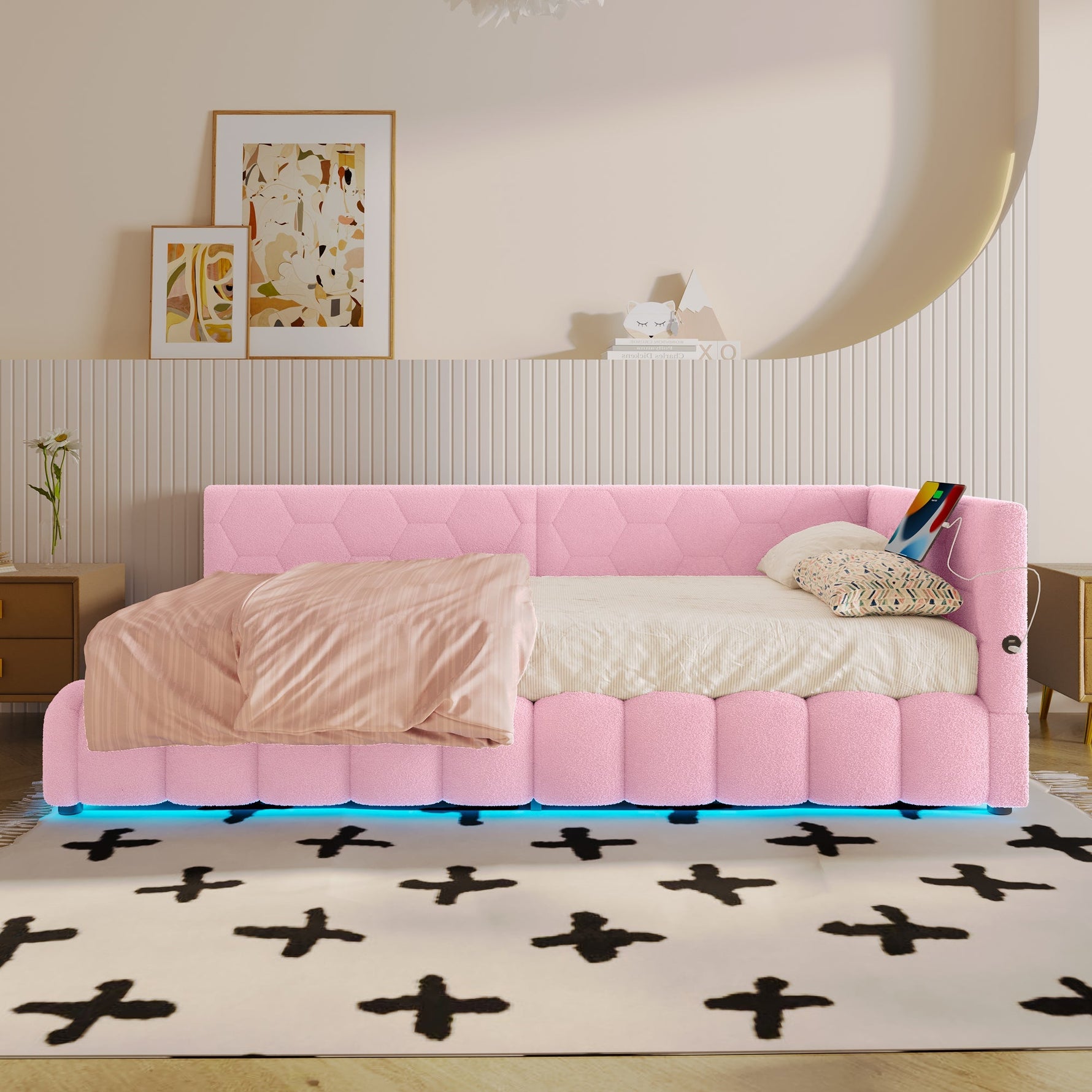Daybed with LED Light, Hydraulic Storage and USB Charging, Pink Imitation Fleece