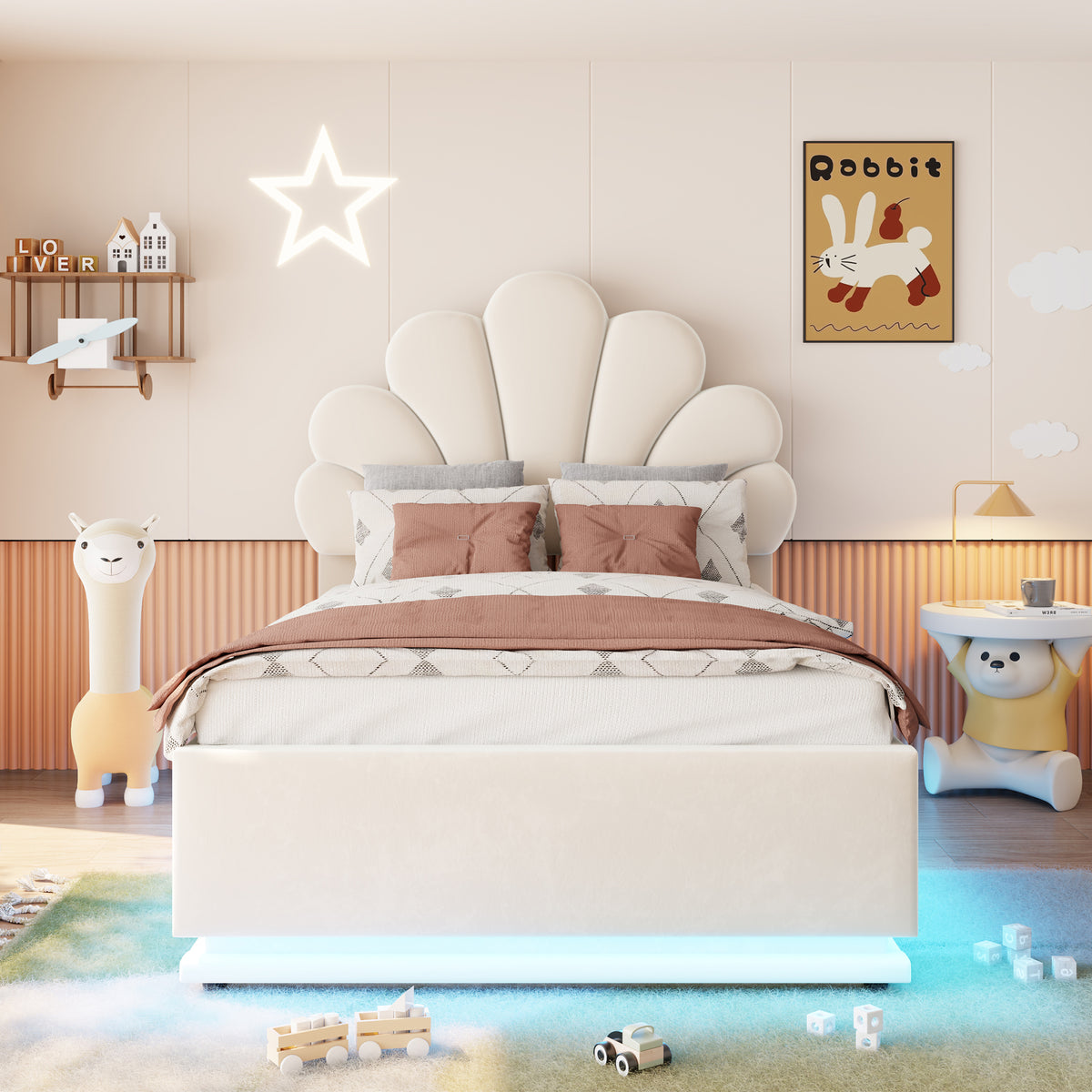 Upholstered Bed 90x200cm, Flower Headboard & Storage, Beige Velvet