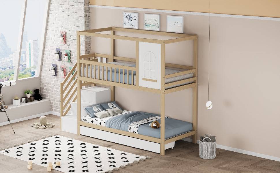Bunk Bed, 90x200cm House Shape with Drawers & Ladder, Solid Wood, Wood Color