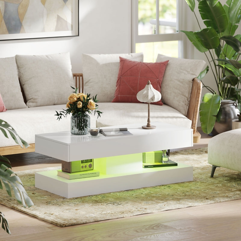 Living Room Table, Drawers, LED Lights, Open Shelf, White Chipboard