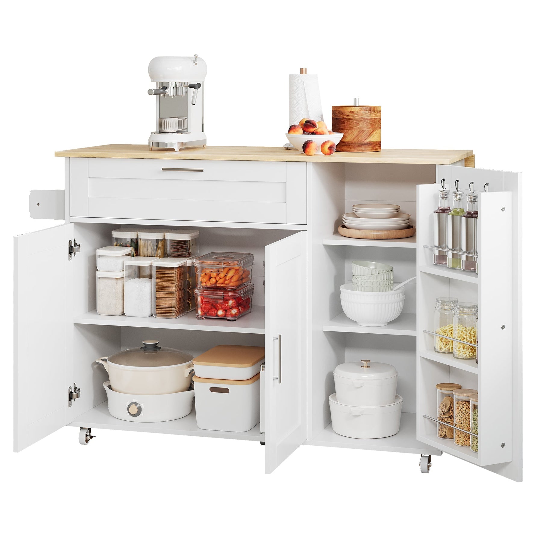 Mobile Kitchen Table 132.5cm Folding Worktop Storage Spice/Towel Rack - Oak Grain