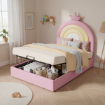 Upholstered Bed 90x200cm Hydraulic Adjustable Headboard - PU Pink