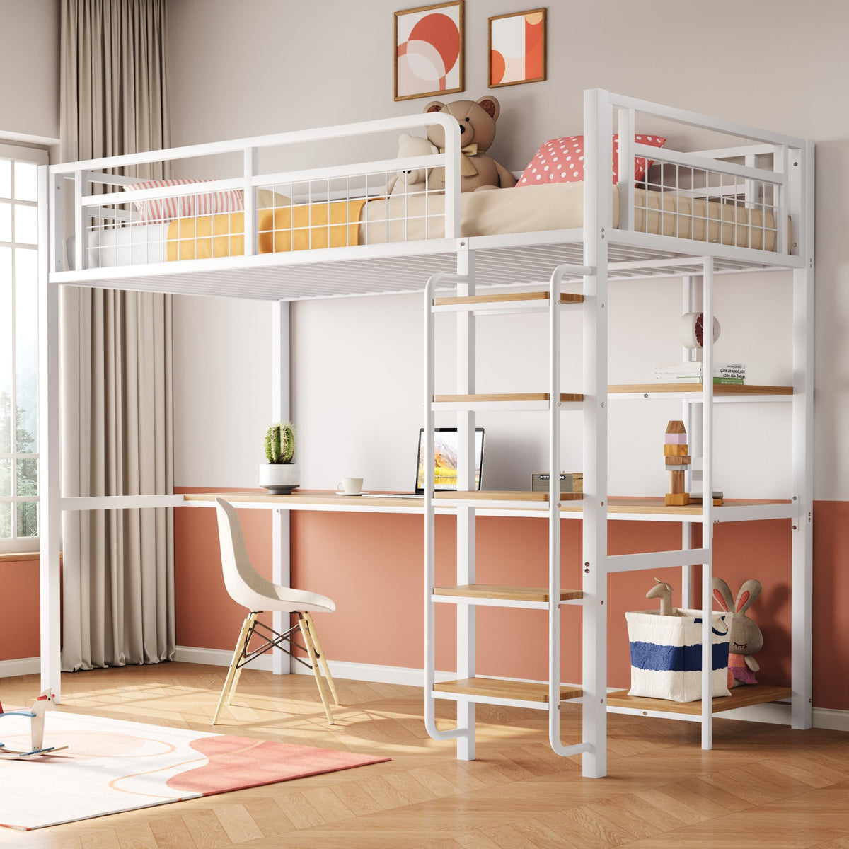 Metal Loft Bed with Safety Ladder, Table & Shelves, White