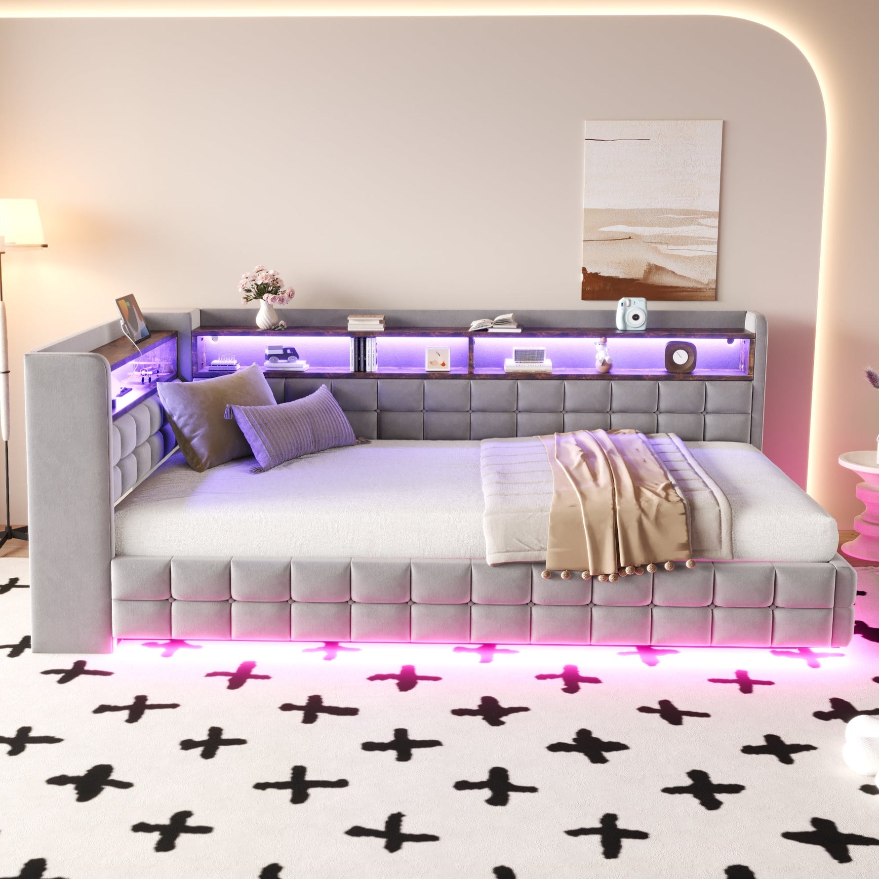 Multifunctional Upholstered Sofa Bed with Hydraulic Storage, LED and USB Ports, Light Grey Velvet