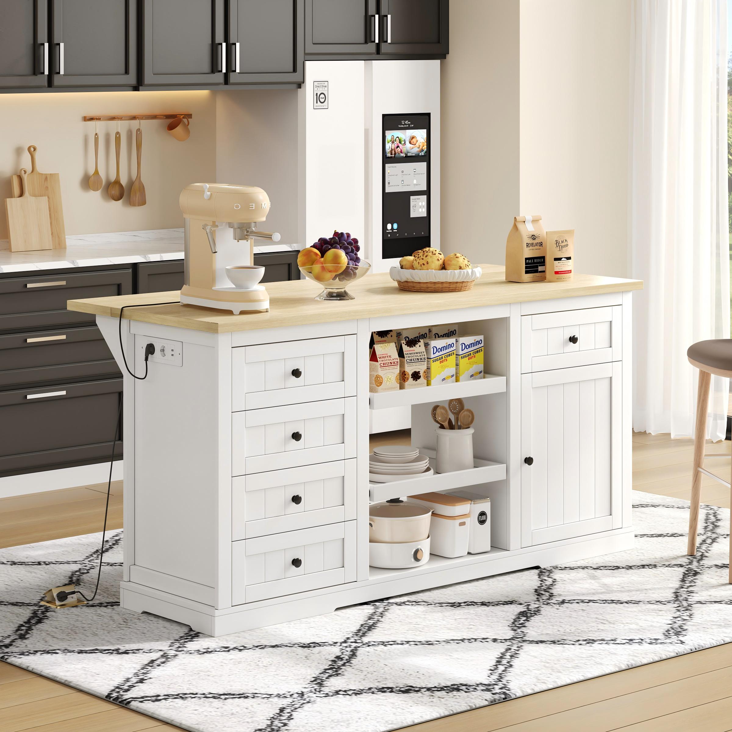 Sideboard/Kitchen Island/Bar Cabinet 5 Drawers 2 Shelves Extension Panel Sockets, White